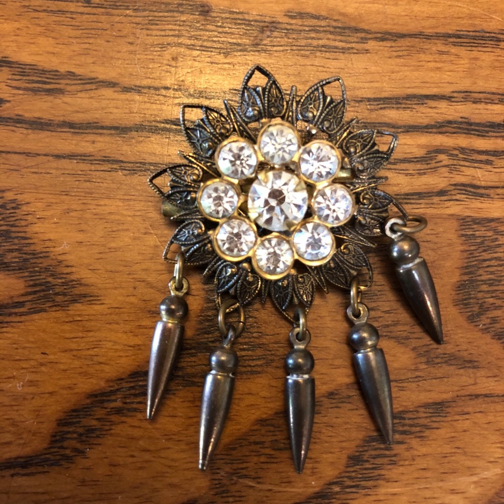 Antique Brass and Rhinestone Brooch